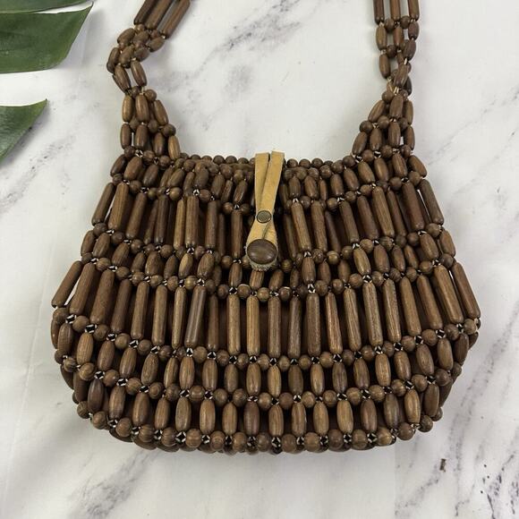 Vintage Wood Beaded Shoulder Bag Purse Brown Boho Tropical Small Festival - Picture 3 of 6